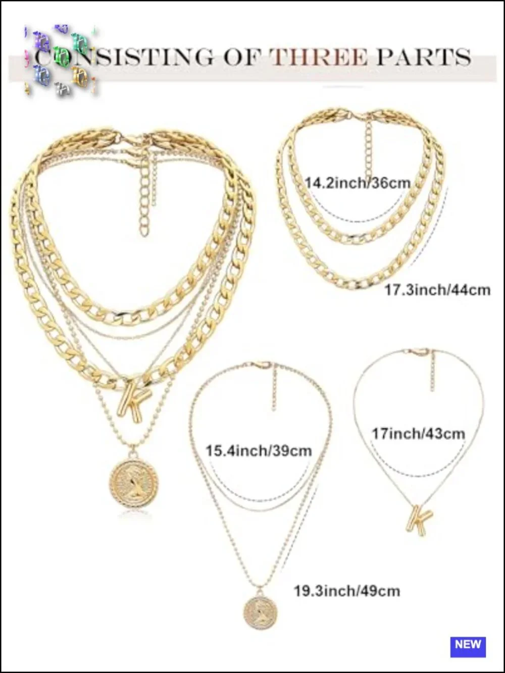 Layered Initial Coin Pendant Necklace Set 3 PCS Dainty Chunky Chain Alloy